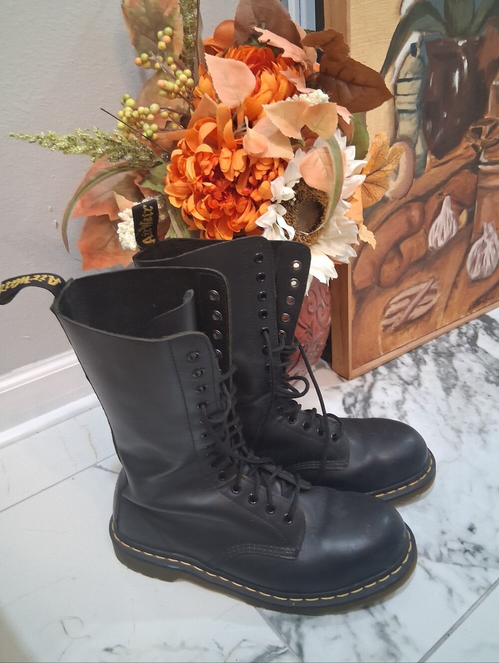 Dr. Martens Black Lace-Up Boots with Yellow Sticker Detail